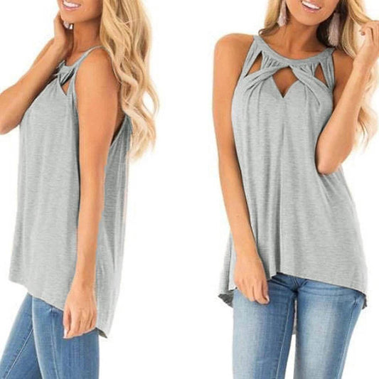 Women's Fashion Casual Solid Color Hollow-out Halter T-shirt - Shanilia