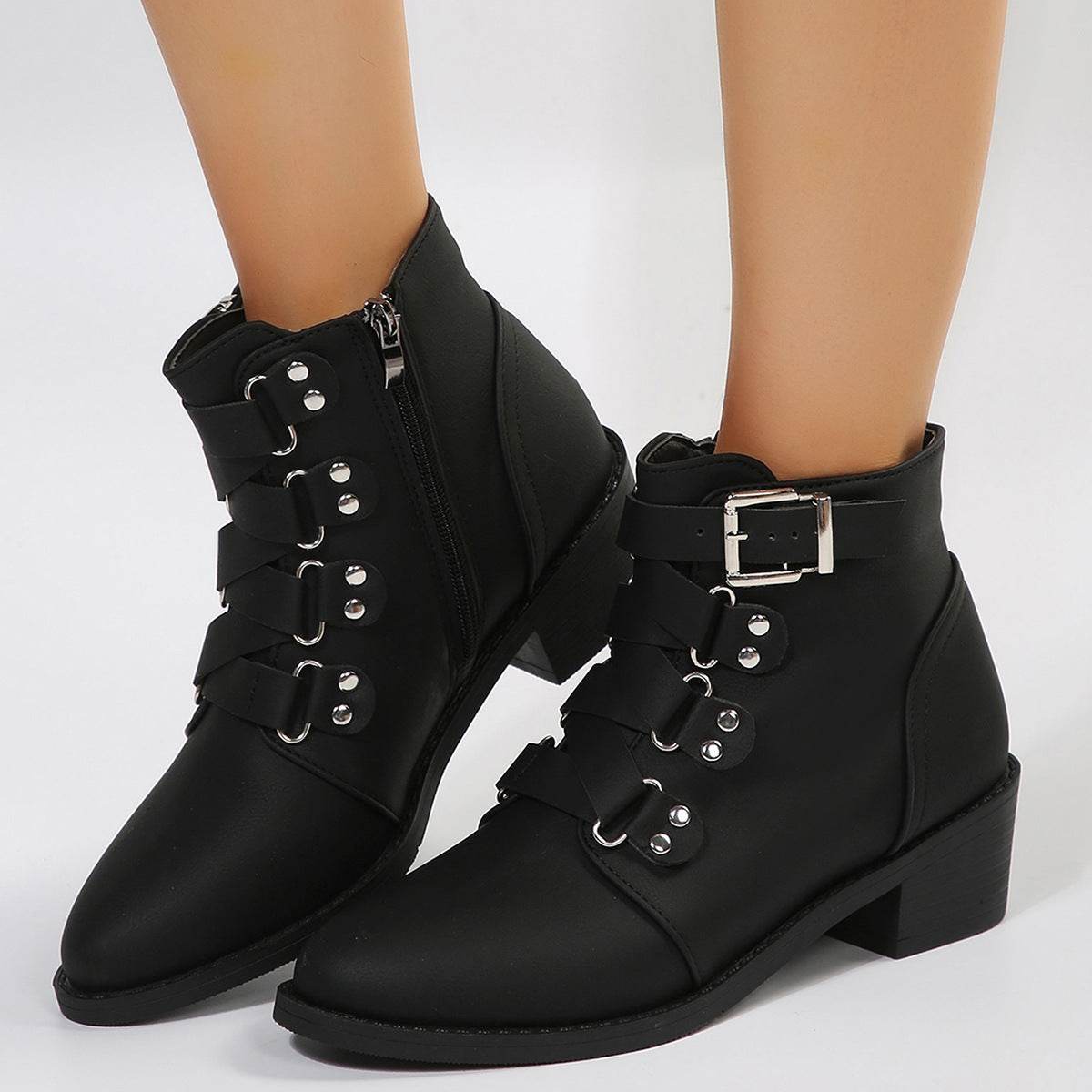 Women Winter Ankle Boots with Side Zipper and Belt Buckle | Knight Boot - Shanilia