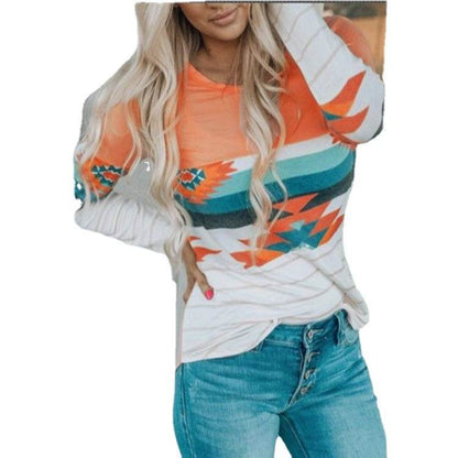 Women's Printed Round Neck Knitted Long-sleeved Top T-shirt - Shanilia