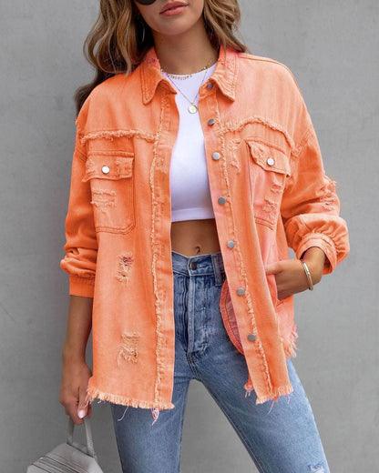 Fashion Ripped Shirt Jacket Female Autumn And Spring Casual Tops Womens Clothing - Shanilia