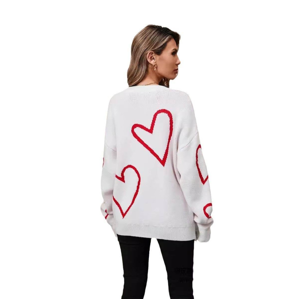 Female With Hearts Valentine's Day Pullover Big Peach Heart Contrast Color Sweater - Shanilia