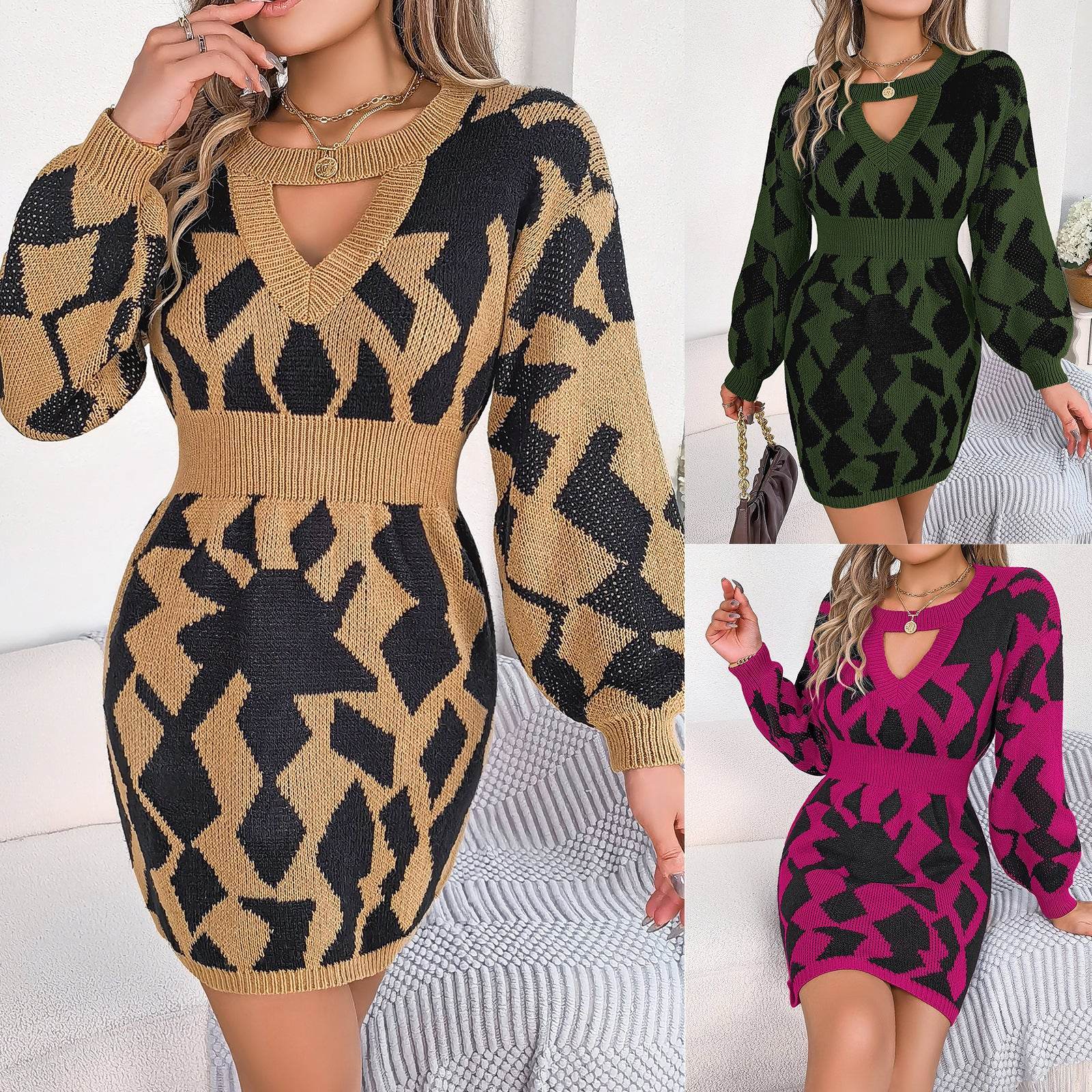 Look Stylish in this Color Matching Lantern Sleeve Sweater Dress - Shanilia