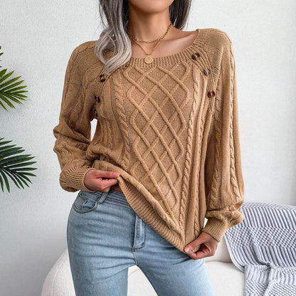 Square Neck Button Fried Dough Twist Knitting Sweater - Shanilia