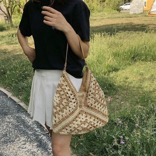 Women's Fashion Handmade Straw Woven Hollow Contrast Color Weave Shoulder Bag - Shanilia