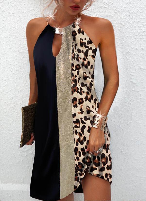 Leopard Print Sleeveless Back Metal Halter Dress - Shanilia