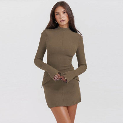 Fashion Long Sleeve Dress With Two Pockets Slim Bodycon Hip Short Dress For Women - Shanilia