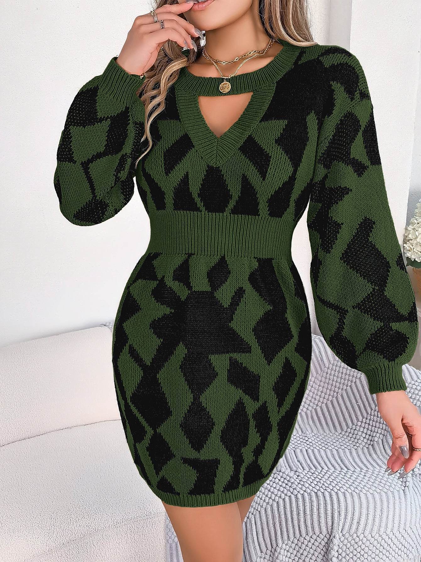 Look Stylish in this Color Matching Lantern Sleeve Sweater Dress - Shanilia