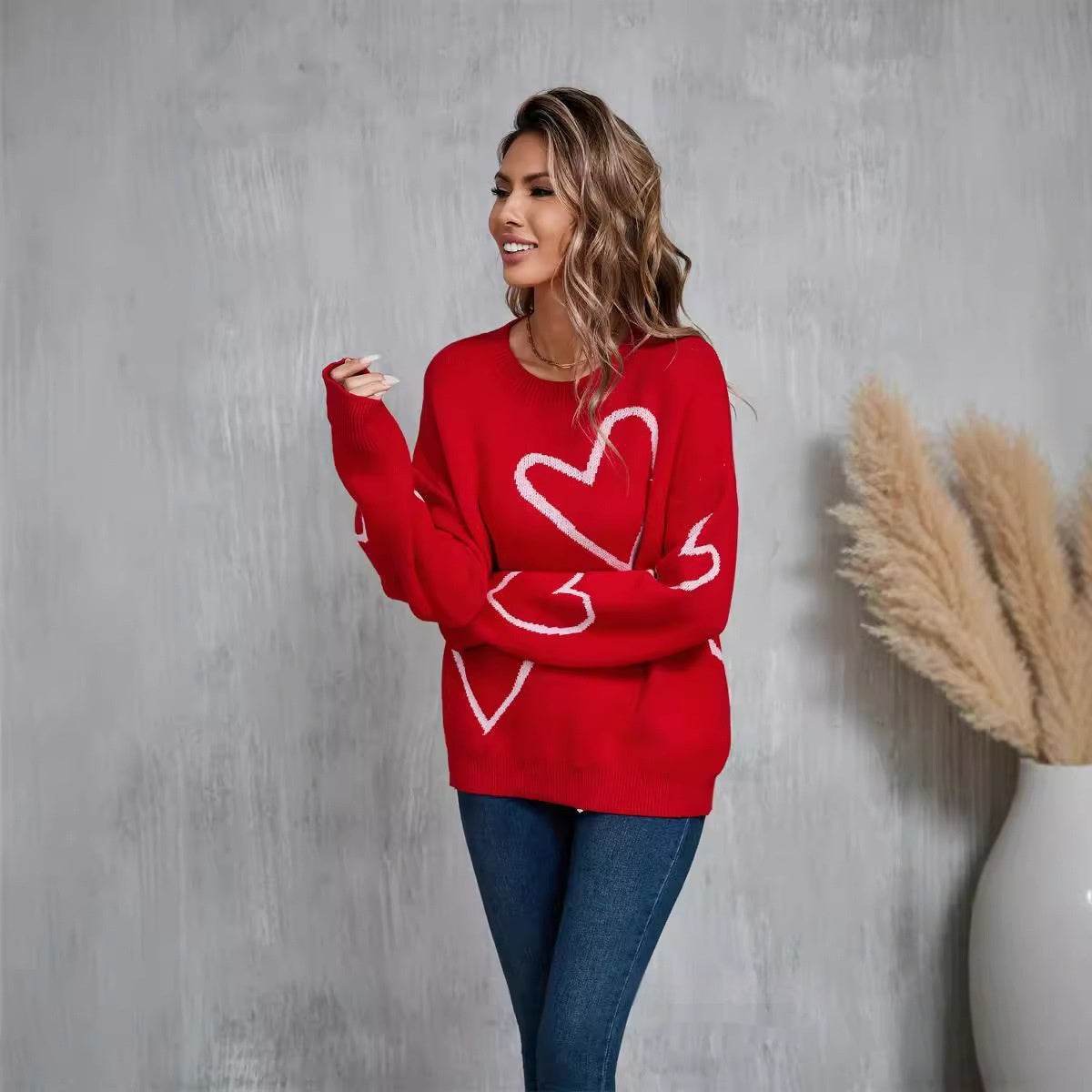 Female With Hearts Valentine's Day Pullover Big Peach Heart Contrast Color Sweater - Shanilia