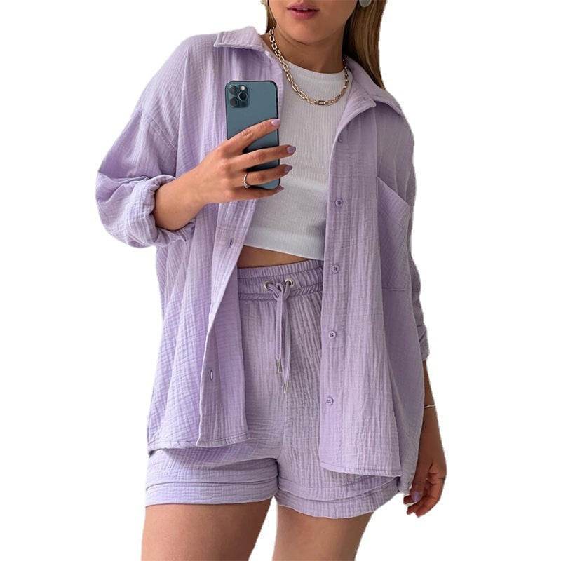 Spring Champray Lapel Long Sleeve Shirt & Drawstring Shorts Set - Shanilia