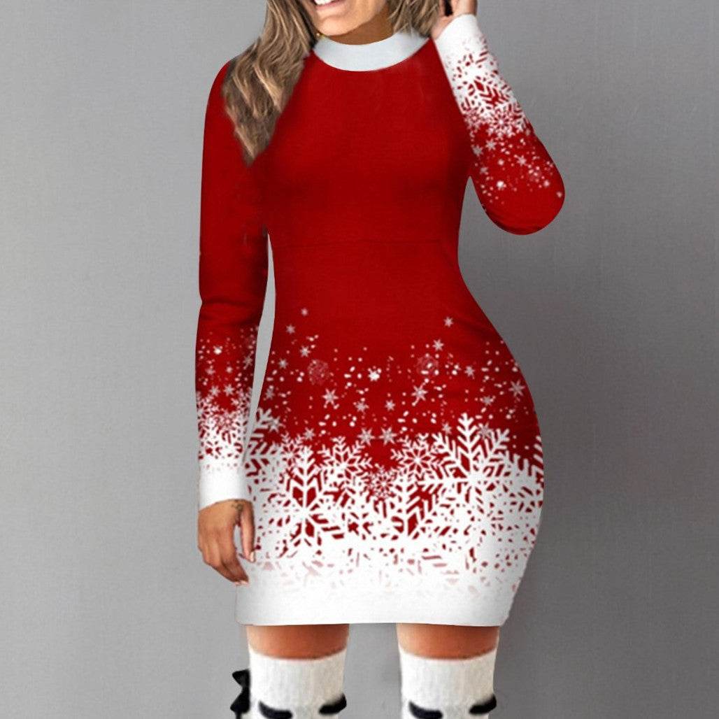 European and American Christmas Printed Long Sleeve Dress A-Line Skirt for Women - Shanilia