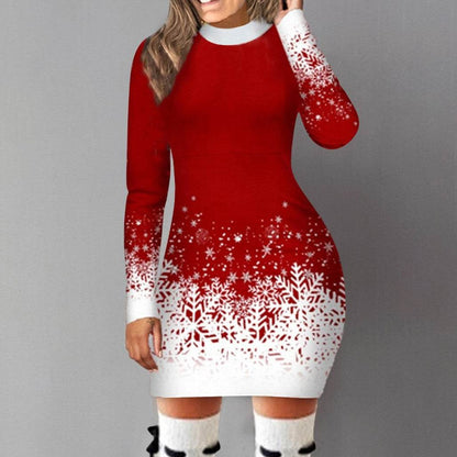 European and American Christmas Printed Long Sleeve Dress A-Line Skirt for Women - Shanilia