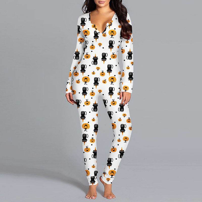 Halloween Printed Jumpsuit Long Sleeve Home Pajamas for Women - Shanilia