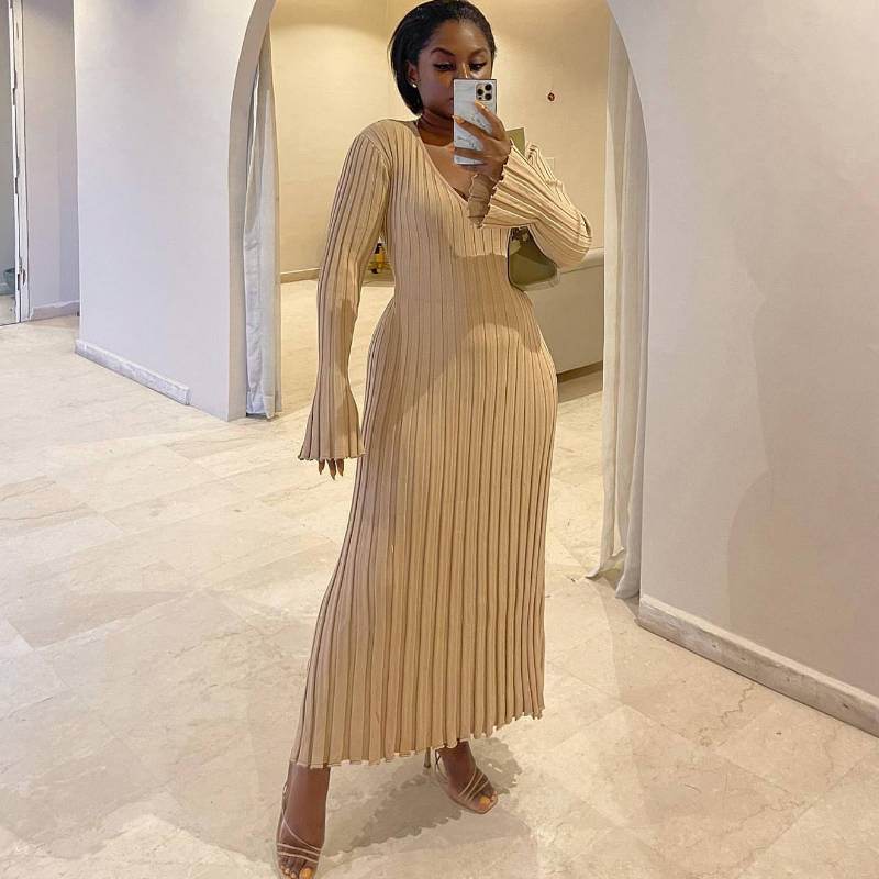 Women's Waist-skimming V-neck Large Pit-striped Slim Knitted Maxi Dress - Shanilia