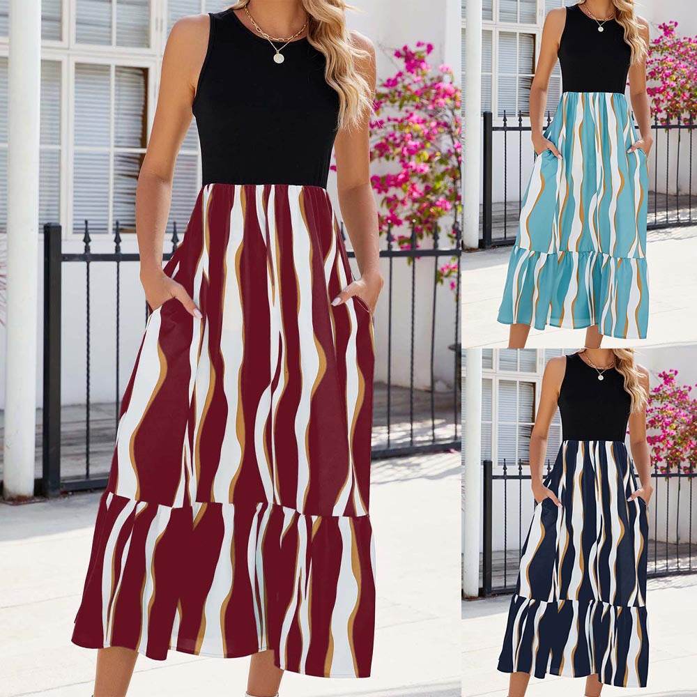 Striped Print Summer Dress - Sleeveless Long Dress for Women - Shanilia