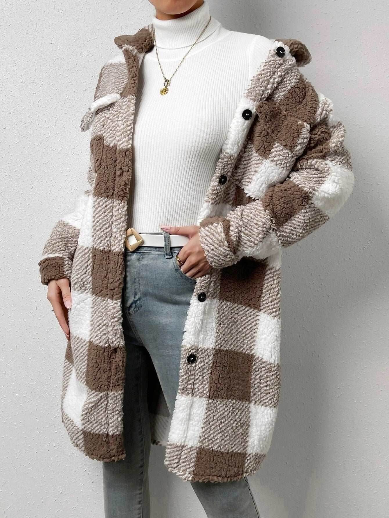 Button Lapel Plush Plaid Coat Loose | Plaid Lapel Coat - Shanilia