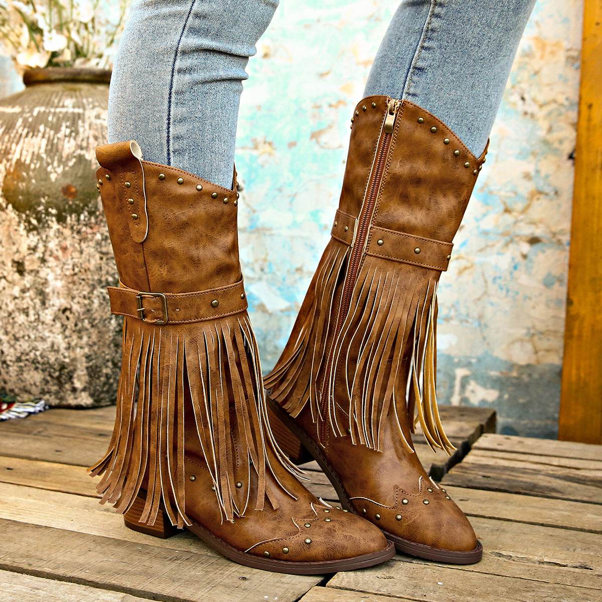 Women's Winter Retro Tassel Boots With Rivet Strap Buckle Design - Shanilia