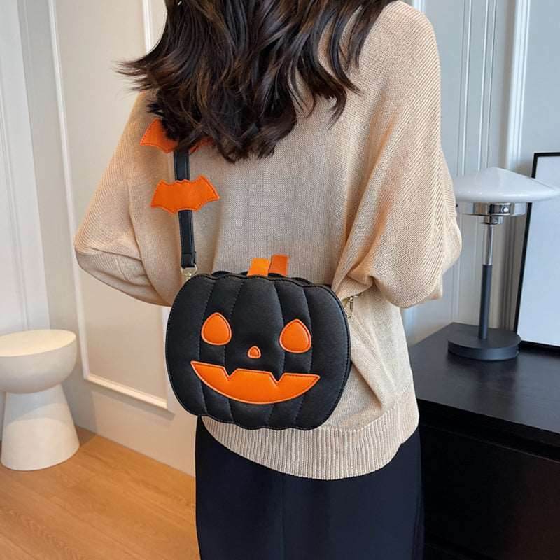 Halloween Bags Funny Pumpkin Cartoon Shoulder Crossbody Bag With Bat - Shanilia