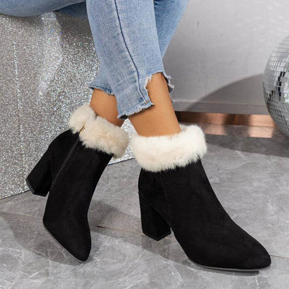 New Plaid Print Plush Ankle Boots Winter Fashoin Square Heel Suede Boots Women - Shanilia