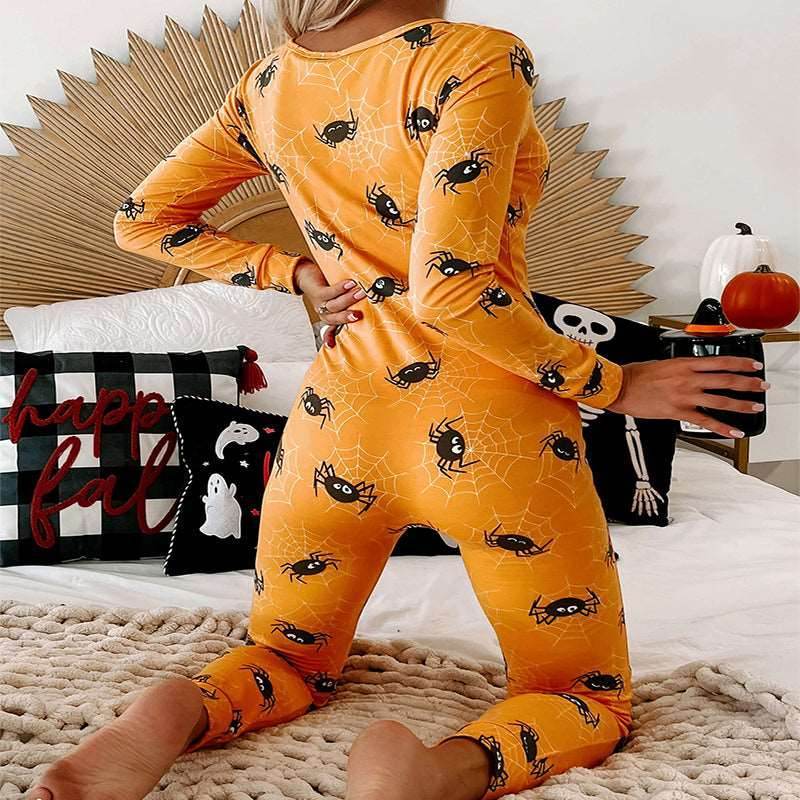 Halloween Printed Jumpsuit Long Sleeve Home Pajamas for Women - Shanilia