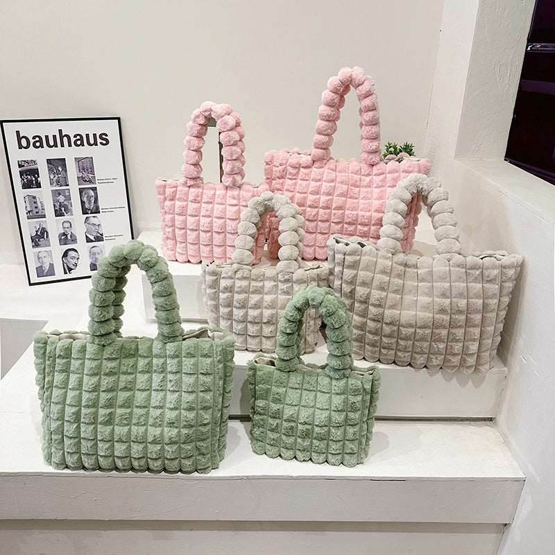 Plaid Handbags Winter Fashion High Capacity Shopping Plush Bag Korean Style Personalized Designer Luxury Tote Bags For Women - Shanilia