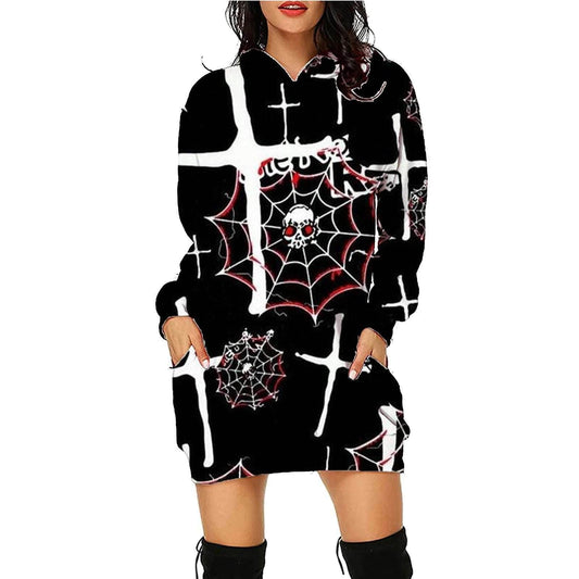 Women's Halloween Print Long Hoodie Sweater with Pockets - Shanilia