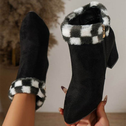 New Plaid Print Plush Ankle Boots Winter Fashoin Square Heel Suede Boots Women - Shanilia