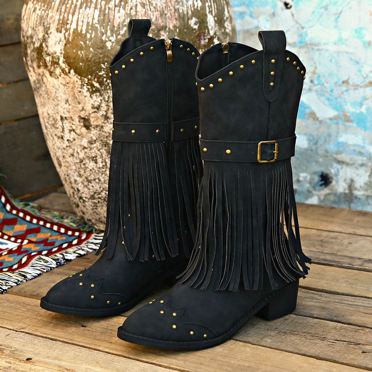 Women's Winter Retro Tassel Boots With Rivet Strap Buckle Design - Shanilia