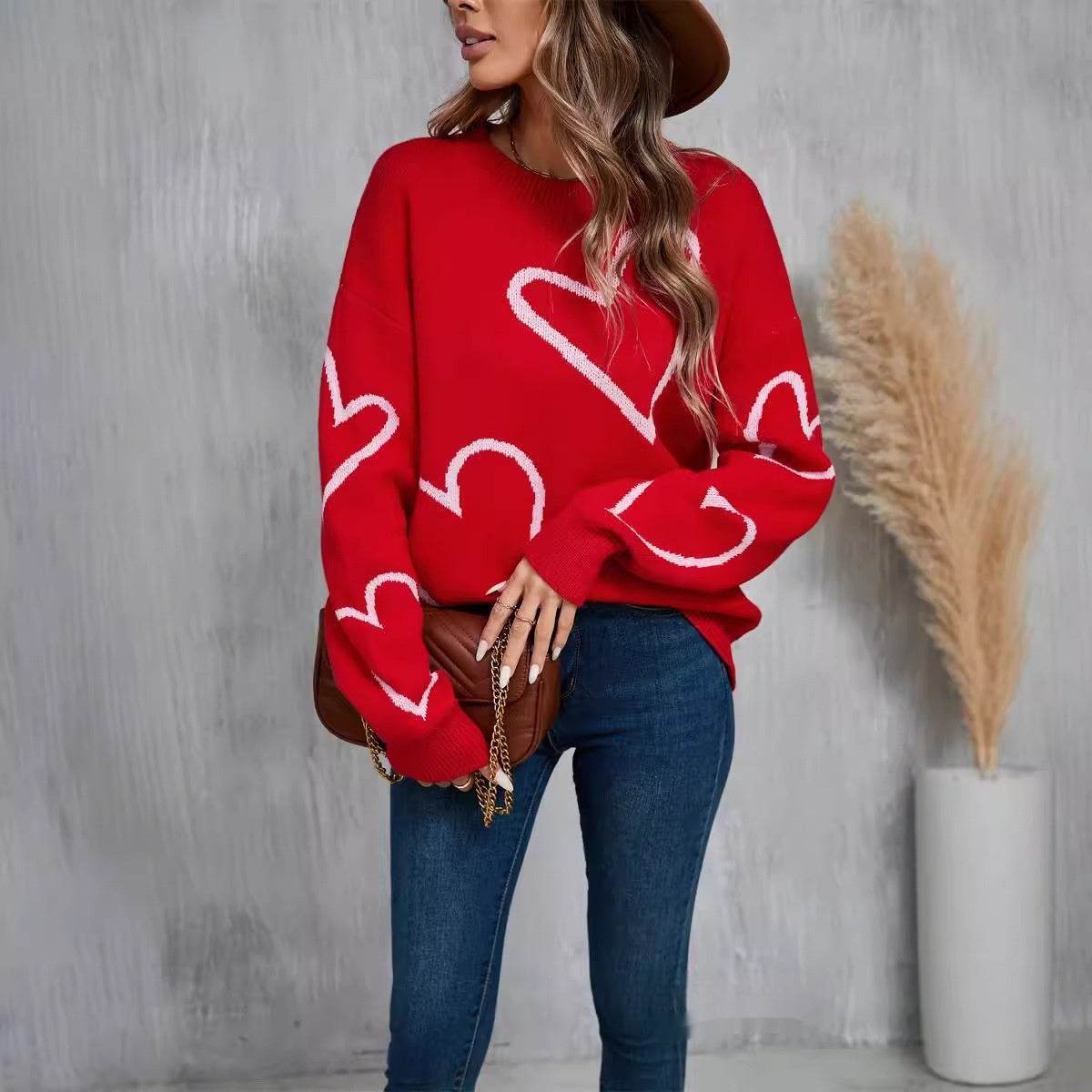 Female With Hearts Valentine's Day Pullover Big Peach Heart Contrast Color Sweater - Shanilia