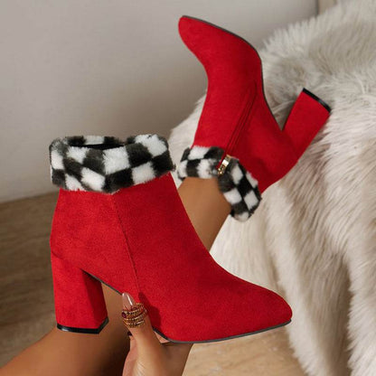 New Plaid Print Plush Ankle Boots Winter Fashoin Square Heel Suede Boots Women - Shanilia