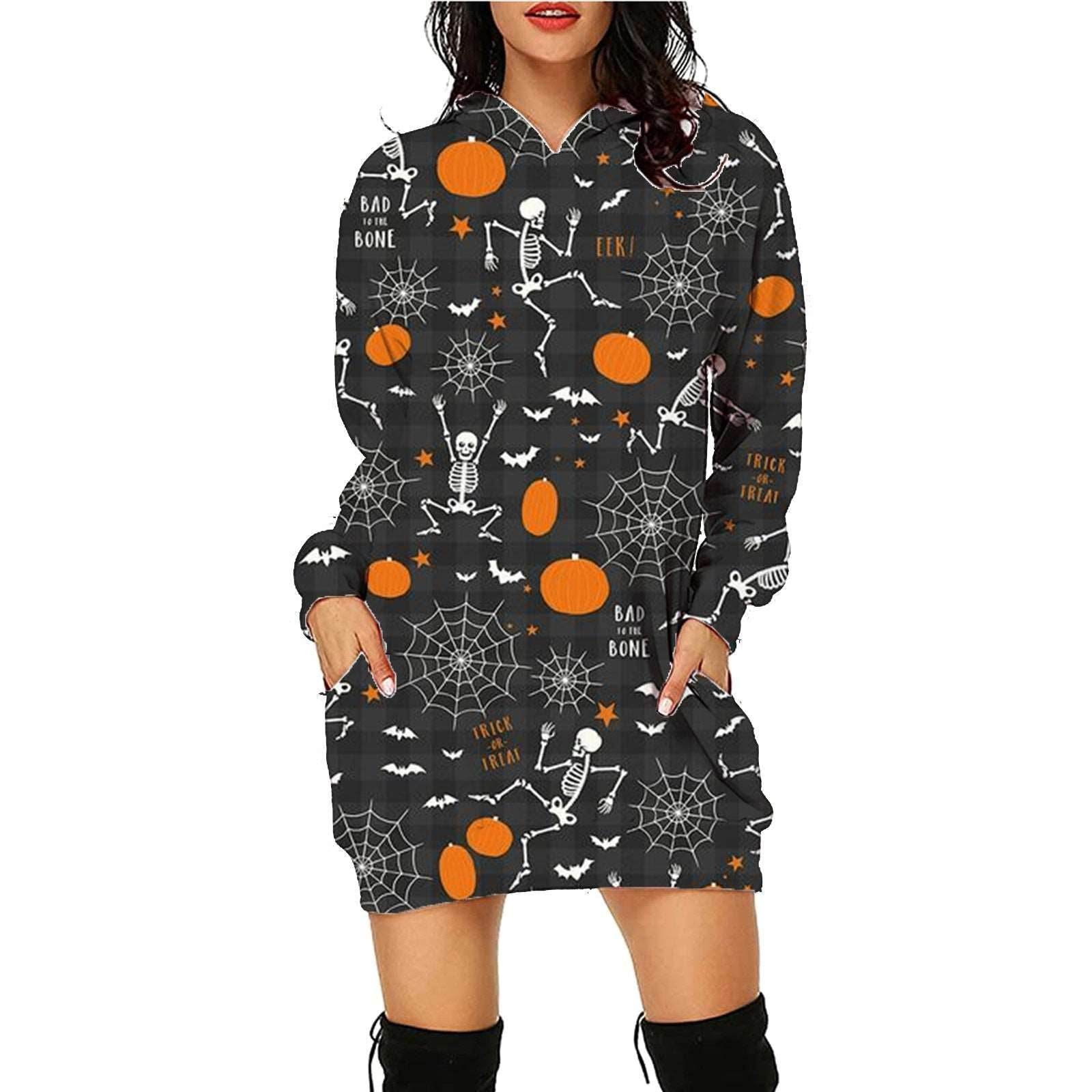 Women's Halloween Print Long Hoodie Sweater with Pockets - Shanilia