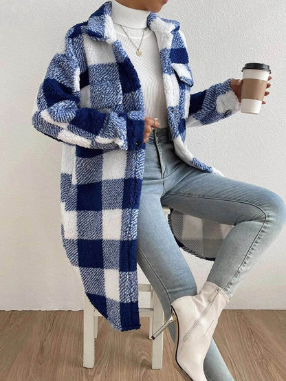 Button Lapel Plush Plaid Coat Loose | Plaid Lapel Coat - Shanilia