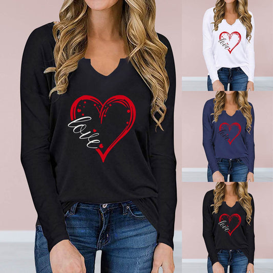 Valentine's Day Printed T shirt | Long sleeved V neck Top | Loose Fit - Shanilia