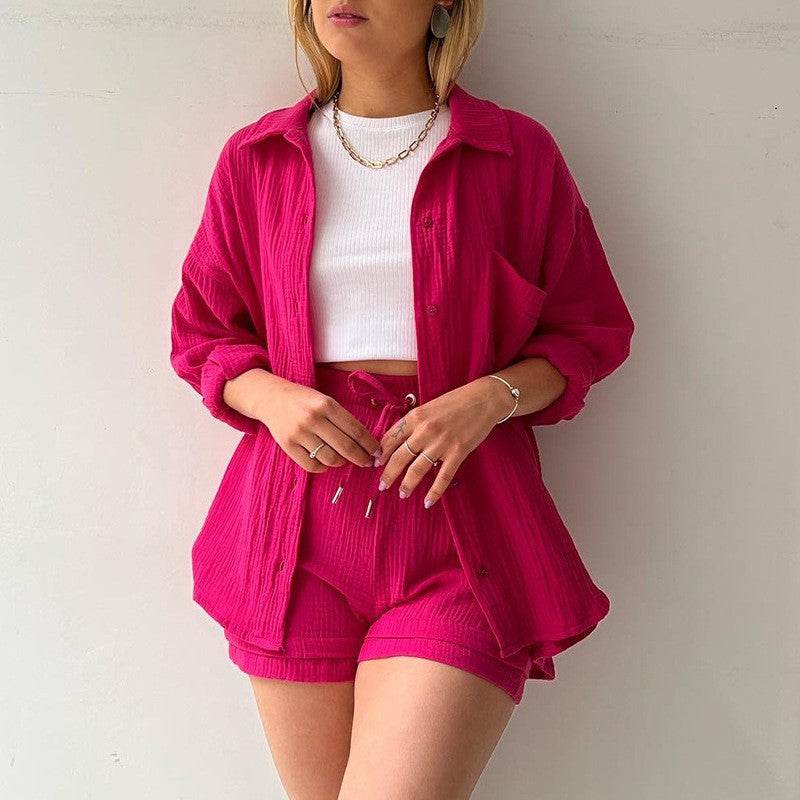 Spring Champray Lapel Long Sleeve Shirt & Drawstring Shorts Set - Shanilia