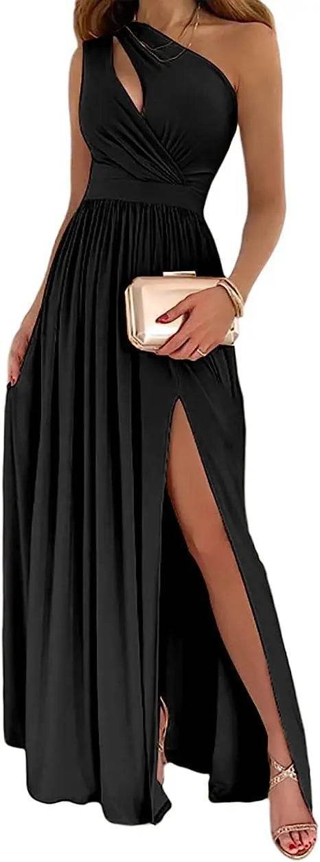 DS-004 Women's One Shoulder High Split Cutout Sleeveless Elegant Sexy Cocktail Maxi Dress - Shanilia