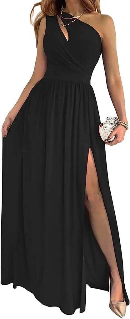 DS-004 Women's One Shoulder High Split Cutout Sleeveless Elegant Sexy Cocktail Maxi Dress - Shanilia