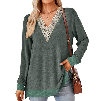 Women's Fashion V-neck Lace Solid Color Loose-fitting T-shirt Top - Shanilia