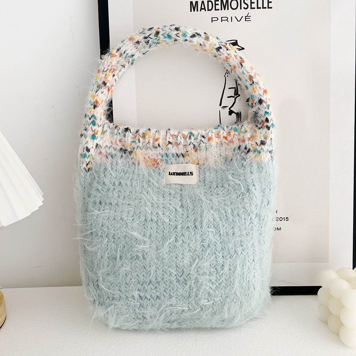 Exquisite Korean Style Cute Portable Fur Bag - Contrast Color Knitted - Shanilia