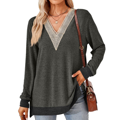 Women's Fashion V-neck Lace Solid Color Loose-fitting T-shirt Top - Shanilia