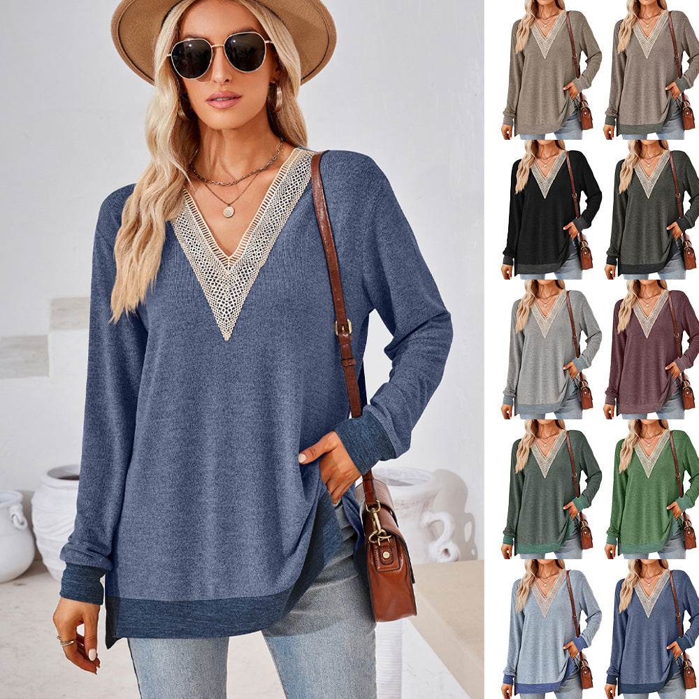 Women's Fashion V-neck Lace Solid Color Loose-fitting T-shirt Top - Shanilia