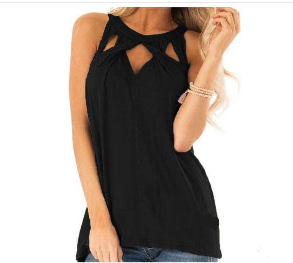 Women's Fashion Casual Solid Color Hollow-out Halter T-shirt - Shanilia