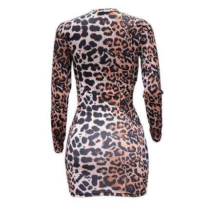 Women's Fashion Tight Long Sleeve Leopard Print Dress - Shanilia