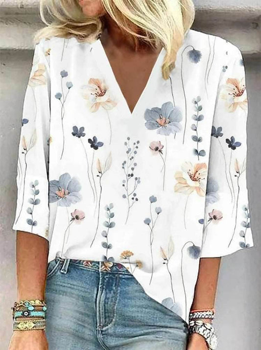 Stylish V-neck Top: Casual Printed Loose Women's Top - Shanilia