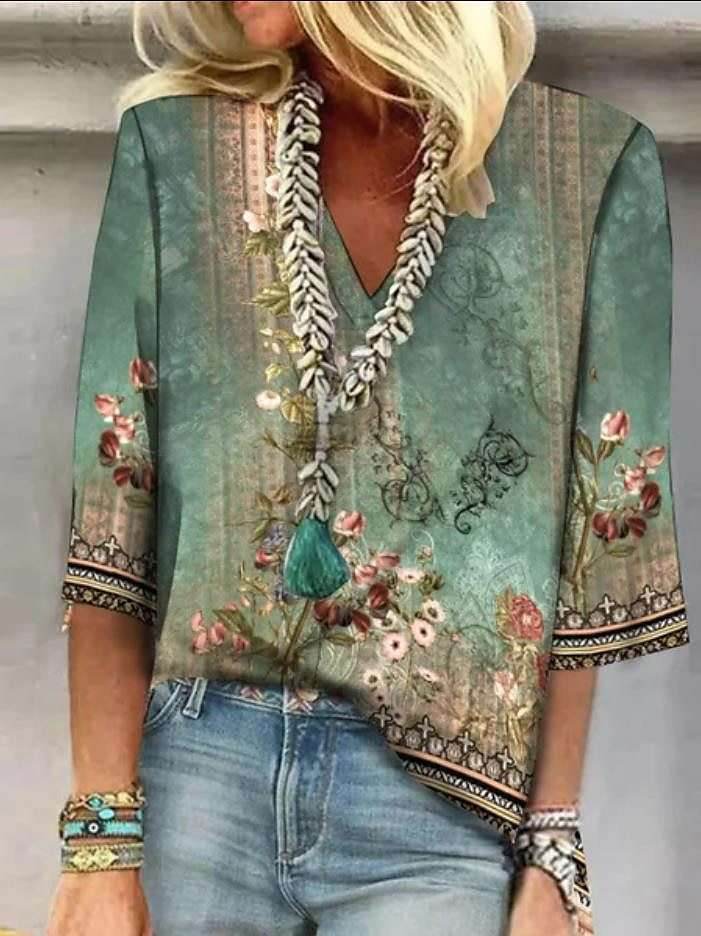 Stylish V-neck Top: Casual Printed Loose Women's Top - Shanilia