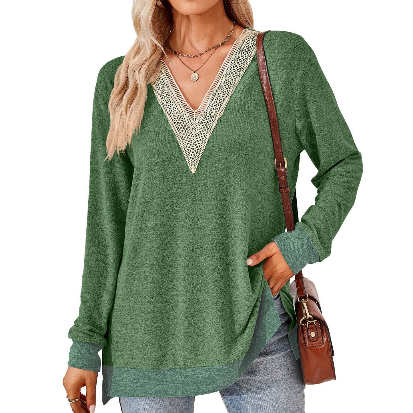 Women's Fashion V-neck Lace Solid Color Loose-fitting T-shirt Top - Shanilia