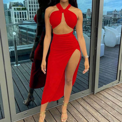 Women's Halter Backless Slit Skirt Two-piece Suit - Shanilia