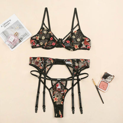 Women's Underwear Embroidery Push Up Three-piece Set - Shanilia