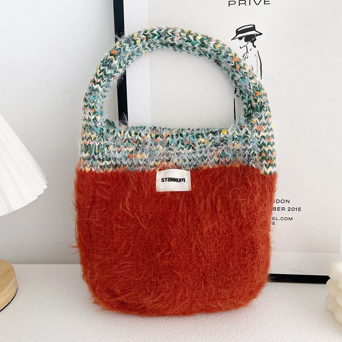 Exquisite Korean Style Cute Portable Fur Bag - Contrast Color Knitted - Shanilia