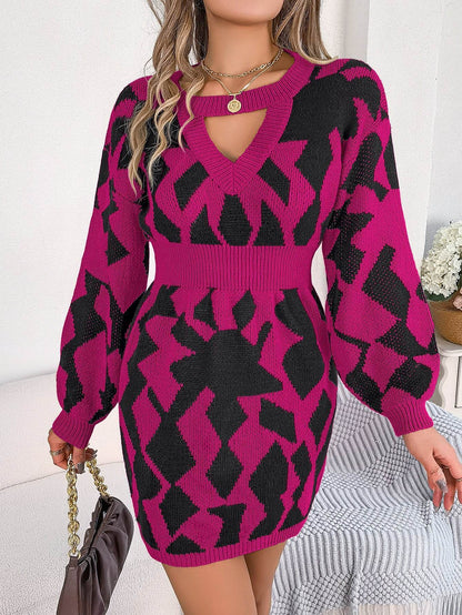 Look Stylish in this Color Matching Lantern Sleeve Sweater Dress - Shanilia