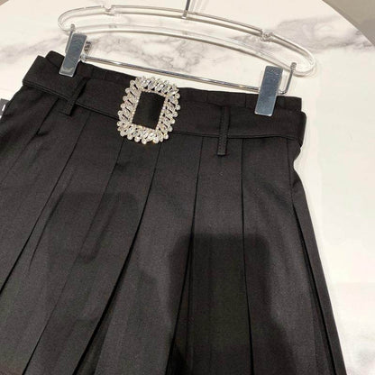 Square Rhinestone Waistband Design Anti Glare Pleated Skirt - Shanilia