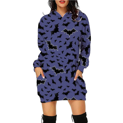 Women's Halloween Print Long Hoodie Sweater with Pockets - Shanilia